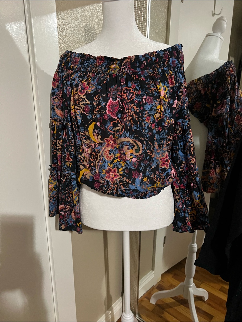 Free People Black Floral Off-the-Shoulder Top with Pink and Blue Accents